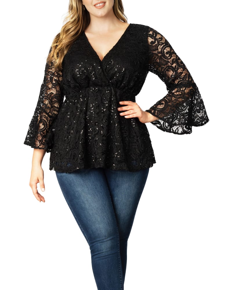 Front of a model wearing a size 5X Sequin Sparkle Bell Sleeve Lace Top in ONYX by Kiyonna. | dia_product_style_image_id:316080